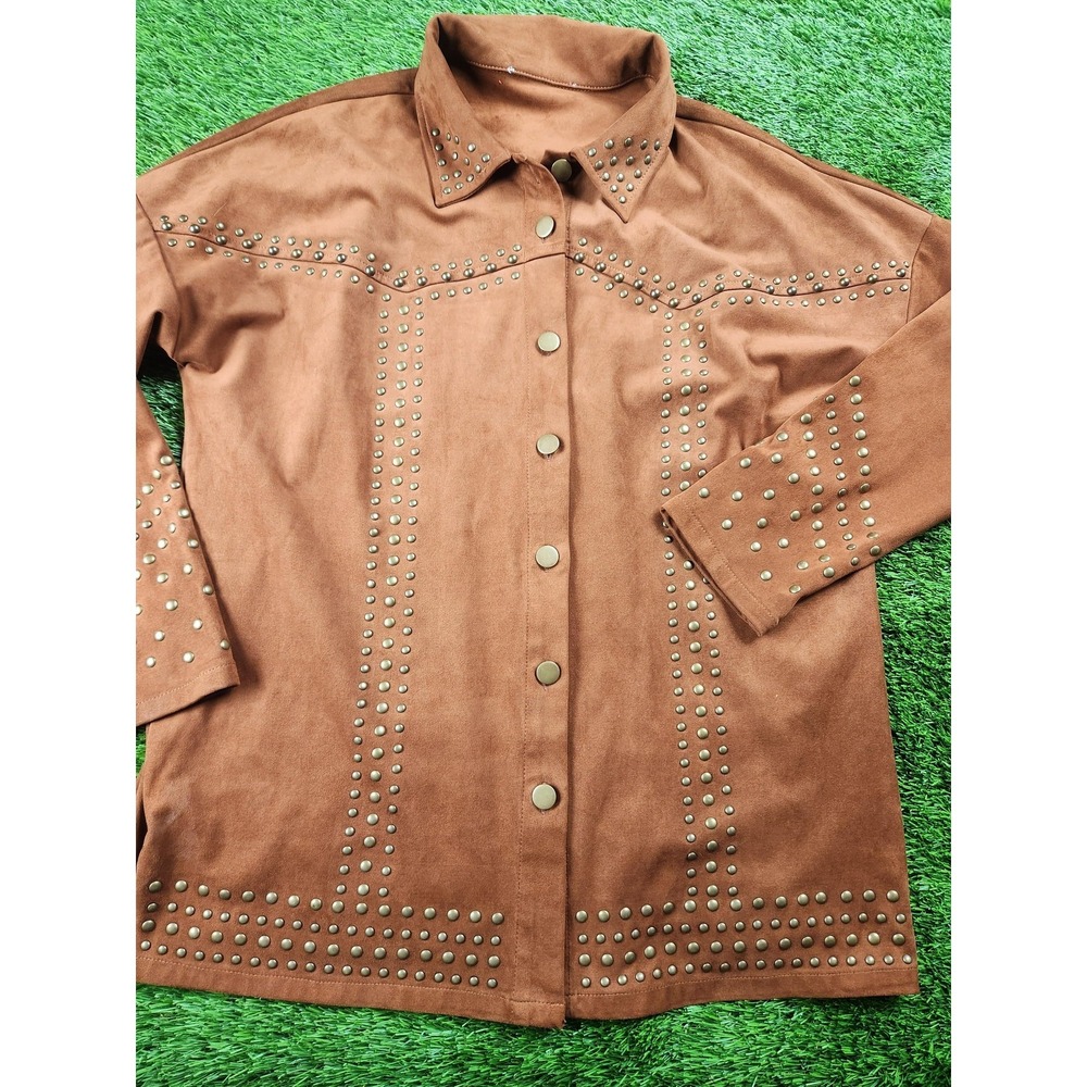 Studded Jacket Womens S Brown Faux Suede Snap Front Western Microfiber Boho‎